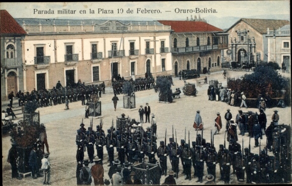Postcard Oruro Bolivia, 10 February Square, Military Parade