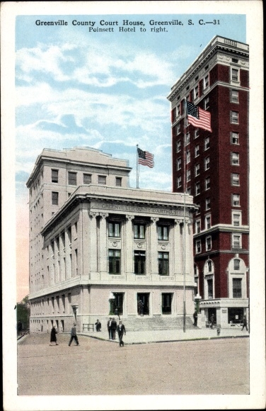 Postcard Greenville South Carolina USA, Greenville County Court House, Poinsett Hotel to right