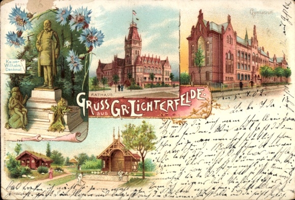 Lithograph of Berlin Steglitz, Gr. Lichterfelde, Kaiser Wilhelm Monument, Gymnasium, Town Hall, Gesellschaftspark
