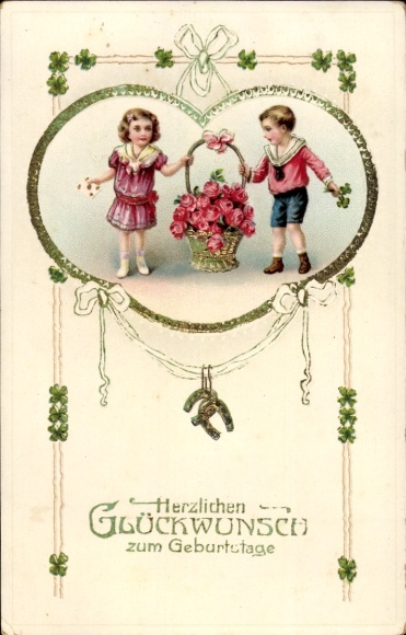 Postcard Congratulations Birthday, Clover, Children, Roses