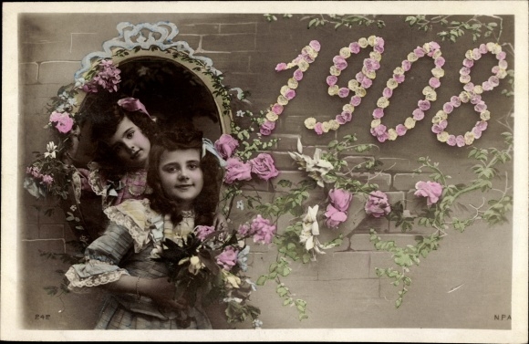Postcard year 1908, two girls, flowers, bouquet
