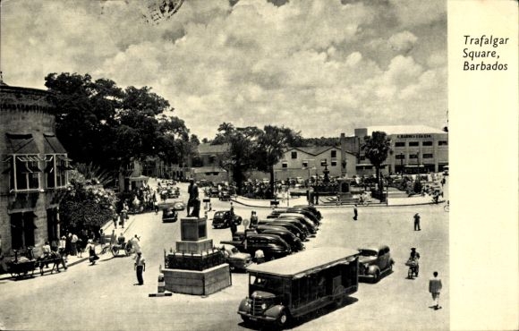 Postcard Barbados, Trafalgar Square, bus, monument, parking