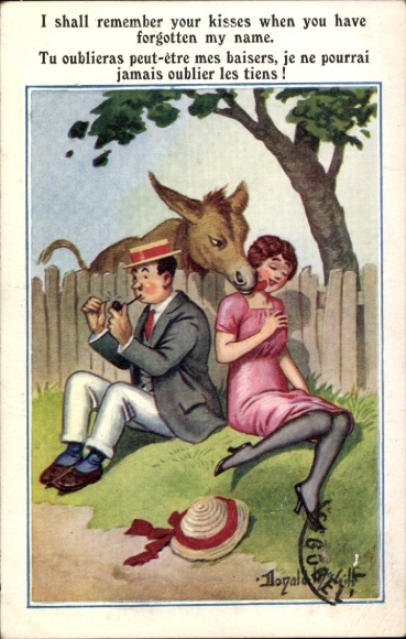 Artist Postcard McGill, Donald, donkey licks woman's cheek, man lights his pipe