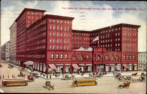 New Orleans, Louisiana, USA, St. Charles Hotel, depiction, streetcar, people