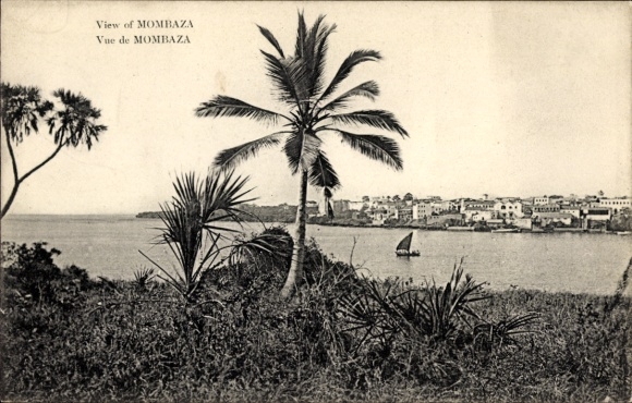 Postcard Mombasa Kenya, palm tree, boat on the water, city view, Mombasa