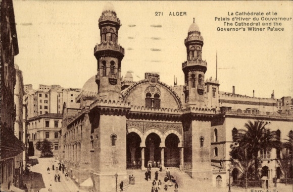 Postcard Algiers Alger Algeria, cathedral, governor's palace, people, trees, city view