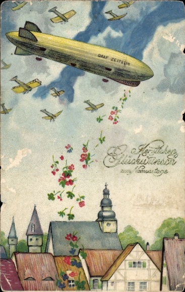 Postcard Congratulations Name Day, Zeppelin, Airplanes
