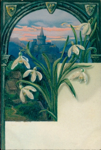 Glittering snowdrops, flowers, castle