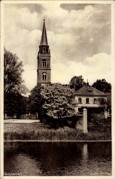 Postcard Gussew Gumbinnen East Prussia, Lutheran Church