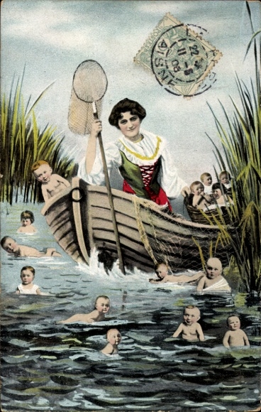 Postcard woman in traditional costume in a boat, landing net, small children, photomontage