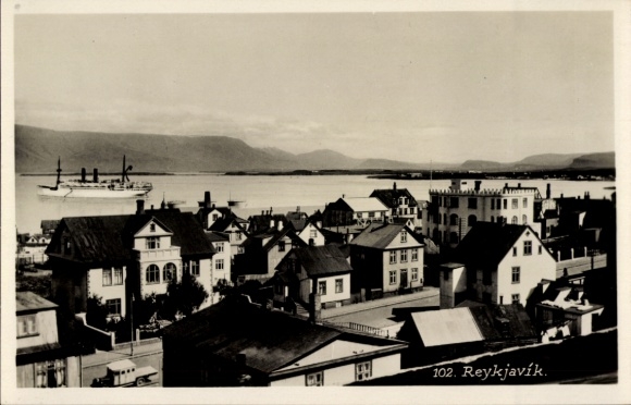 Postcard Reykjavík Iceland, view of houses, harbor view, ship in the water, mountain landscape