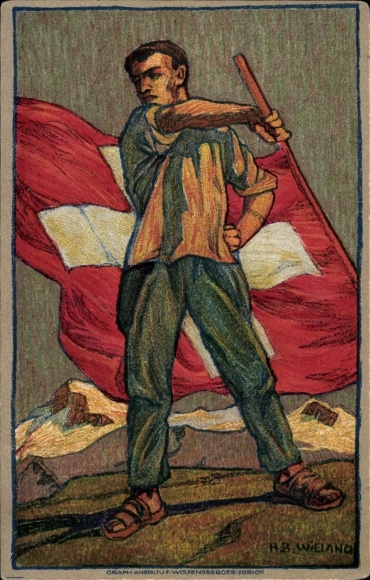 Postal stationery by artist Postcard Wieland, HB, Swiss National Day 1912, Red Cross