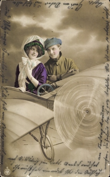 Postcard lovers in an airplane, photomontage, colored