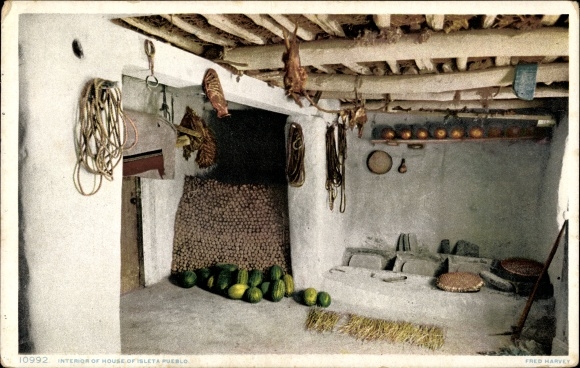 Postcard Isleta Pueblo New Mexico USA, interior of house