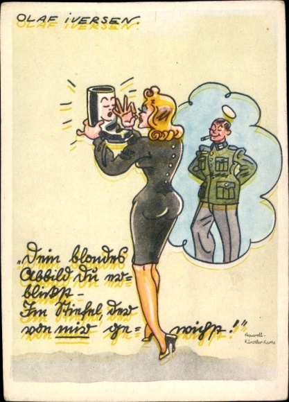 Artist Postcard Iversen, Olaf, Wehrmacht soldier, woman reflected in shiny boot