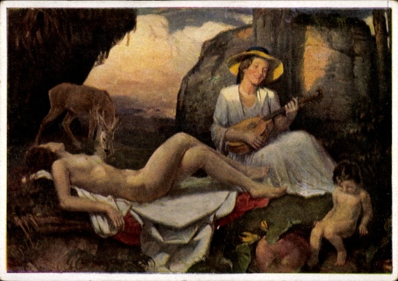 Artist Postcard Truppe, Karl, Youth, Female Nude, Deer, Guitar, Child, HDK 283