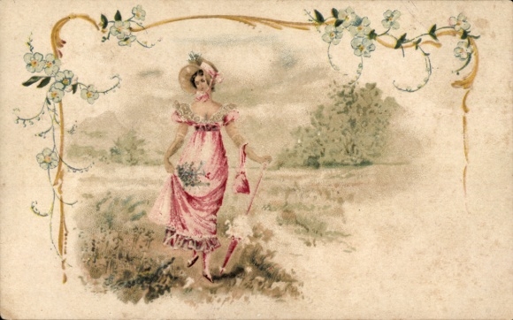 Art Nouveau Passepartout AK Woman in a Red Dress