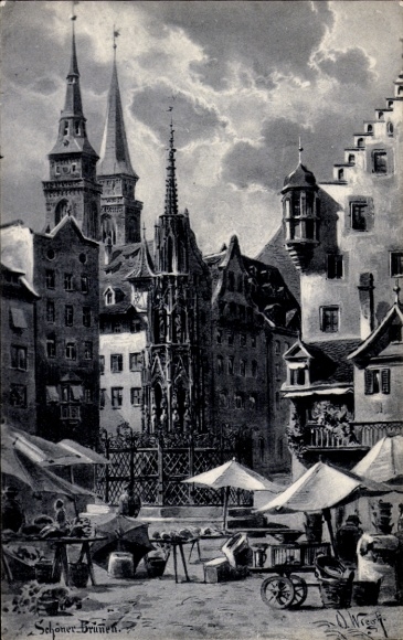 Artist Postcard Wiegk, O., Nuremberg in Middle Franconia, Beautiful Fountain