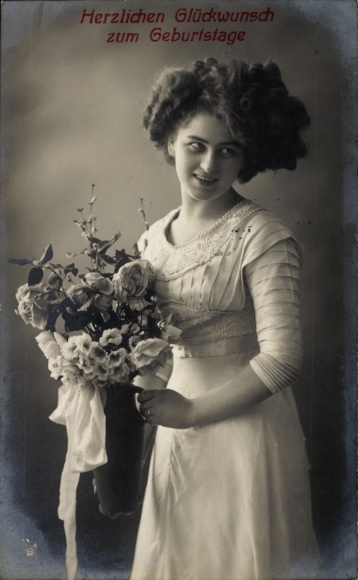 Happy birthday, young woman with flowers