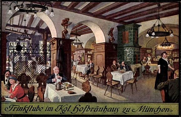 Artist Postcard Quidenus, Fritz, Munich Bavaria, Drinking room in the Royal Hofbräuhaus