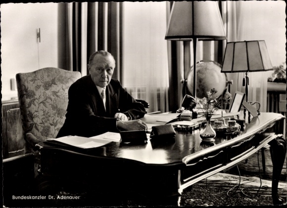 Photo of former German Chancellor Dr. Konrad Adenauer at his desk, Globus