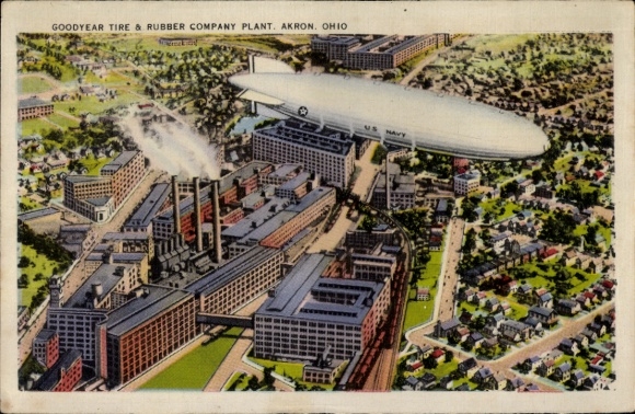 Postcard Akron Ohio USA, Goodyear Tire and Rubber Factory plant, airship