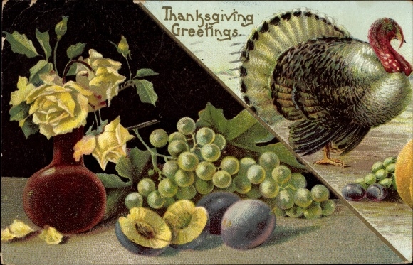 Postcard Thanksgiving, turkey, still life with fruit, roses
