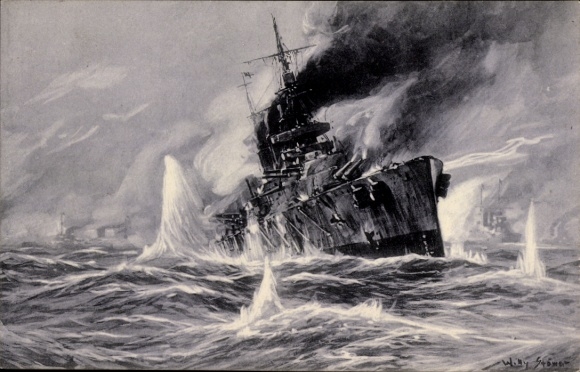 Artist Postcard Stöwer, naval battle in the North Sea, destruction of an English battlecruiser, World War I