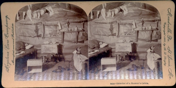 Stereo photo of Camp Orcutt, Maine, USA, interior view of a hunter's cabin, Keystone View Company