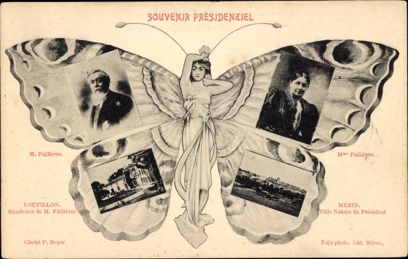Butterfly Postcard Armand Fallieres, President de la Republique, Portrait, Mme Fallieres