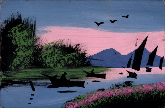 Hand-painted AK river scene, sailboats, mountain range