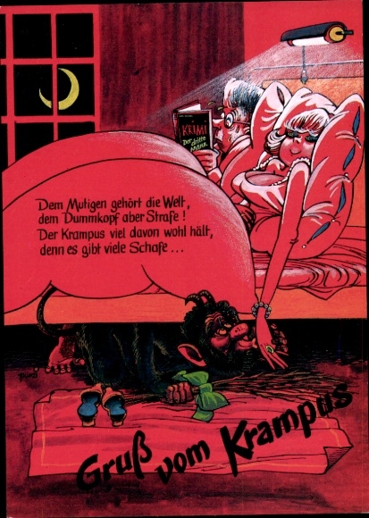 Postcard Krampus under a woman's bed, The brave owns the world