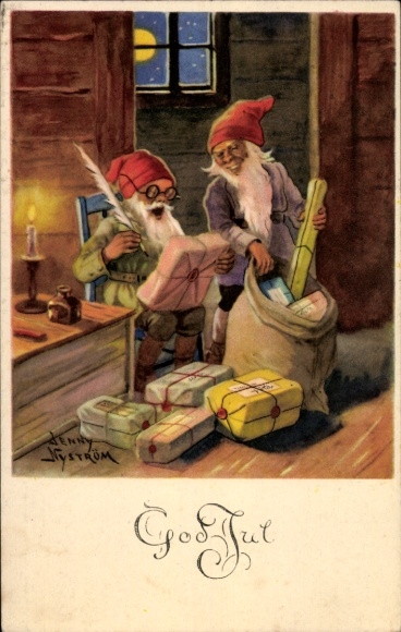 Artist Postcard Nyström, J., Congratulations Christmas, Dwarfs, Gifts