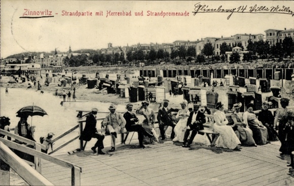 Zinnowitz Baltic Sea resort on Usedom, beach scene, men's bathing area, beach promenade, Villa Müller