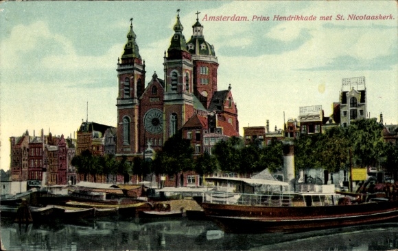 Amsterdam North Holland Netherlands, Prins Hendrikkade, St. Nicolaaskerk, harbor, boats