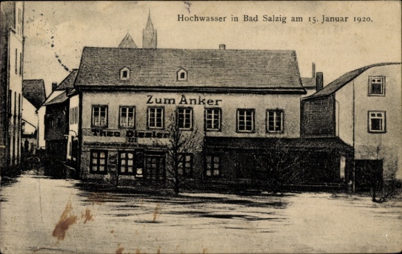 Postcard Bad Salzig Boppard am Rhein, flood of January 15, 1920, Restaurant Zum Anker, Theodor Diesler
