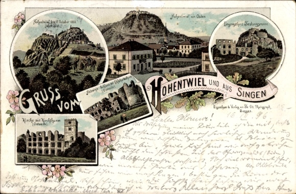 Lithograph of Singen Hohentwiel, fortress ruins, Hadwig's Castle, church, church tower, entrance gate