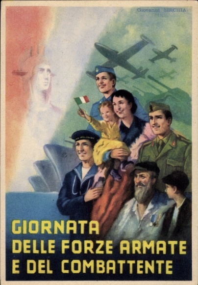 Artist Postcard Giovanni Sirchia, Italy, Day of the Armed Forces and Fighters, Aircraft, Warships