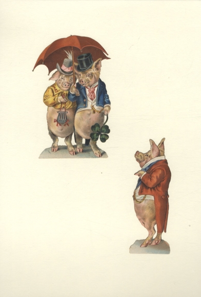 2 wafers pigs in human clothing, clover leaf, umbrella, approx. 12.5 x 7.5 cm and 11.5 x 4 cm