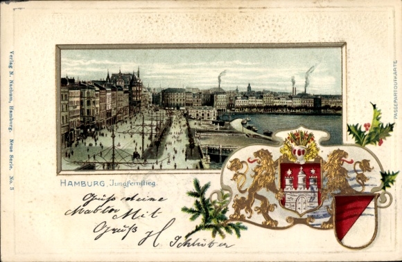 Embossed coat of arms passe-partout lithograph Hamburg, Jungfernstieg, Alsterpavillon, holly