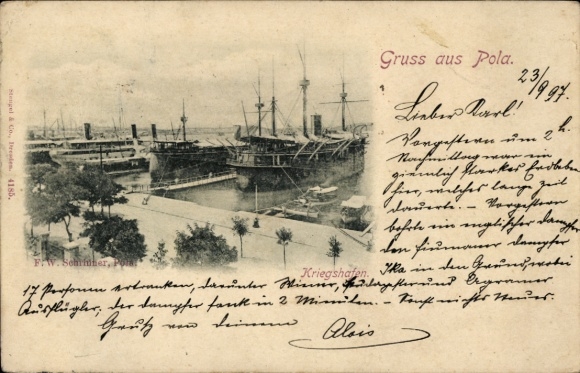 Postcard Pola Pula Croatia, naval port, ships