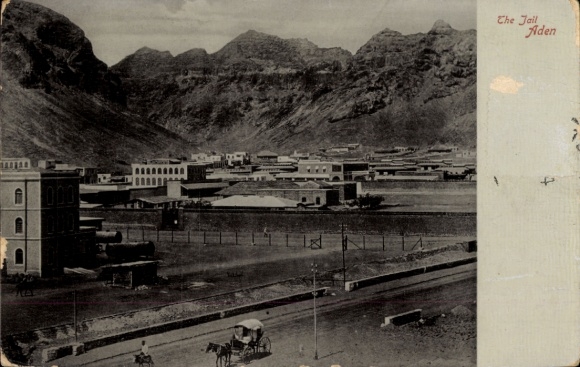 Postcard Aden Yemen, The Jail, mountains in the background,