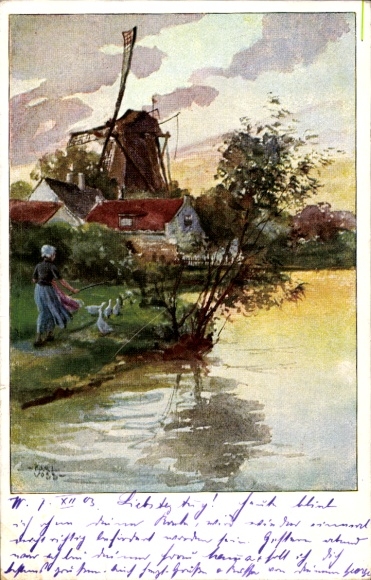 Artist Postcard Voss, C., Holland, windmill, woman, geese