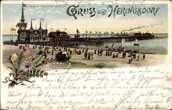 Precursor lithograph: Baltic Sea resort of Heringsdorf on Usedom, Kaiser Wilhelm Bridge, beach scene