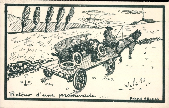 Artist Postcard Veccia, Franz, Retour d'une promenade, Broken car on a horse-drawn cart
