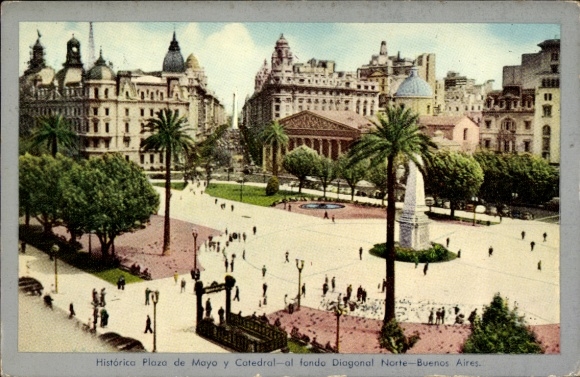 Postcard Buenos Aires Argentina, Plaza de Mayo, Catedral, Diagonal Norte, people, palm trees
