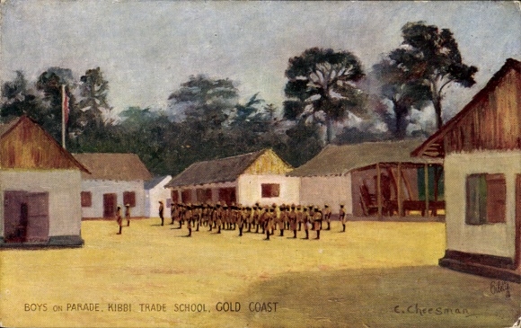Artist Postcard Cheesman, E., Ghana, Gold Coast, Kibbi Trade School, boys on the parade ground