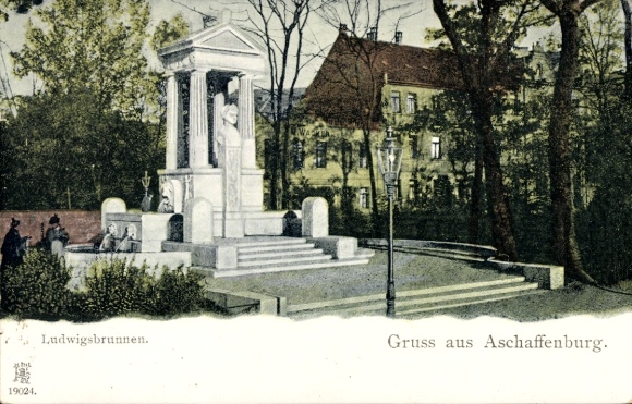 Aschaffenburg in Lower Franconia, Ludwigsbrunnen, park landscape, greetings from Aschaffenburg