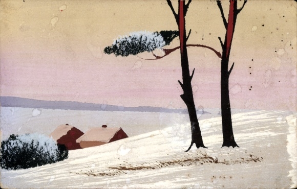 Hand-painted AK Snowy Landscape, Houses