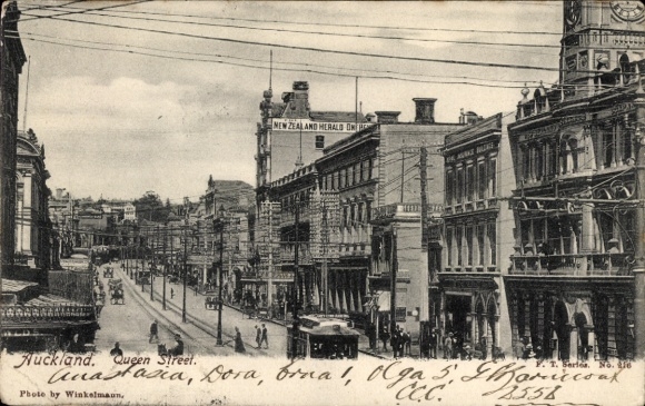 Postcard Auckland New Zealand, Queen Street, street view, tram, New Zealand Herald, People: Anasta
